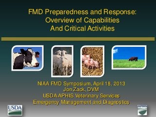 FMD Preparedness and Response:
Overview of Capabilities
And Critical Activities
NIAA FMD Symposium, April 18, 2013
Jon Zack, DVM
USDA APHIS Veterinary Services
Emergency Management and Diagnostics
 