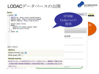 LODACデータベースの公開
統合情報
(作品)一
覧
WikiPediaの
解説分を引用！
日本美術シソー
ラスの情報，専
門性が高い
SPARQL
Endpointの
提供
 