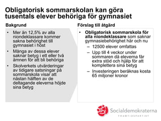 Obligatorisk sommarskolan kan göra
tusentals elever behöriga för gymnasiet
Förslag till åtgärdBakgrund
•  Mer än 12,5% av alla
niondeklassare kommer
sakna behörighet till
gymnasiet i höst
•  Många av dessa elever
saknar betyg i ett eller två
ämnen för att bli behöriga
•  Skolverkets utvärderingar
av tidigare satsningar på
sommarskola visar att
nästan hälften av de
deltagande eleverna höjde
sina betyg
•  Obligatorisk sommarskola för
alla niondeklassare som saknar
gymnasiebehörighet här och nu
–  12500 elever omfattas
–  Upp till 4 veckor under
sommaren då eleverna får
extra stöd och hjälp för att
komplettera sina betyg
–  Investeringen beräknas kosta
65 miljoner kronor
 