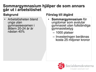 Sommargymnasium hjälper de som annars
går ut i arbetslöshet
Förslag till åtgärdBakgrund
•  Sommargymnasium för
ungdomar som avslutar
gymnasiet utan fullständiga
gymnasiebetyg
–  1000 platser
–  Investeringen beräknas
kosta 25 miljoner kronor
•  Arbetslösheten bland
unga utan
gymnasieexamen i
åldern 20-24 år är
nästan 40%
 