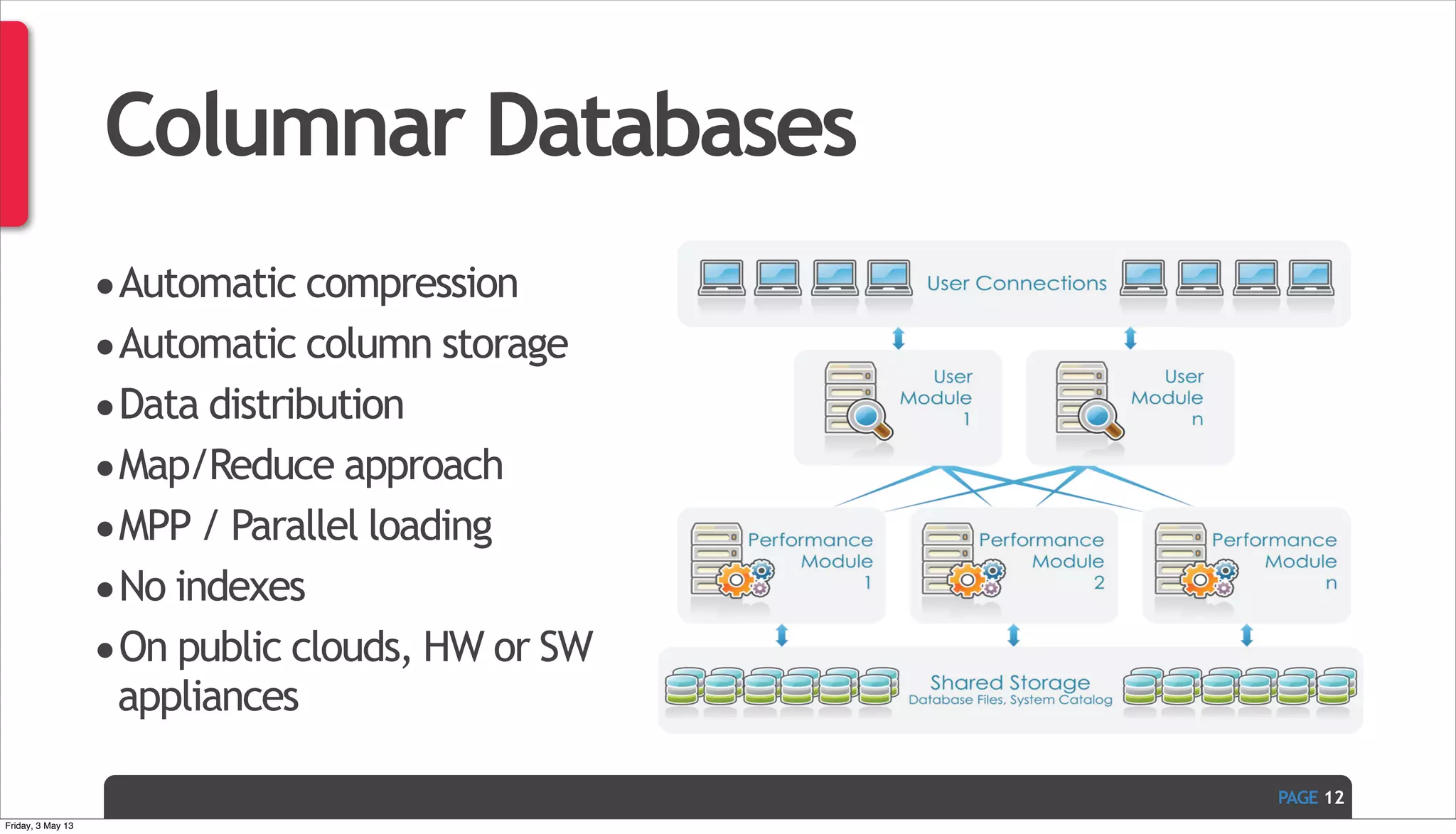 PAGE Columnar Databases •Automatic compression •Automatic column storage •Data distribution •Map/Reduce approach •MPP / Parallel loading •No indexes •On public clouds, HW or SW appliances 12 Friday, 3 May 13 