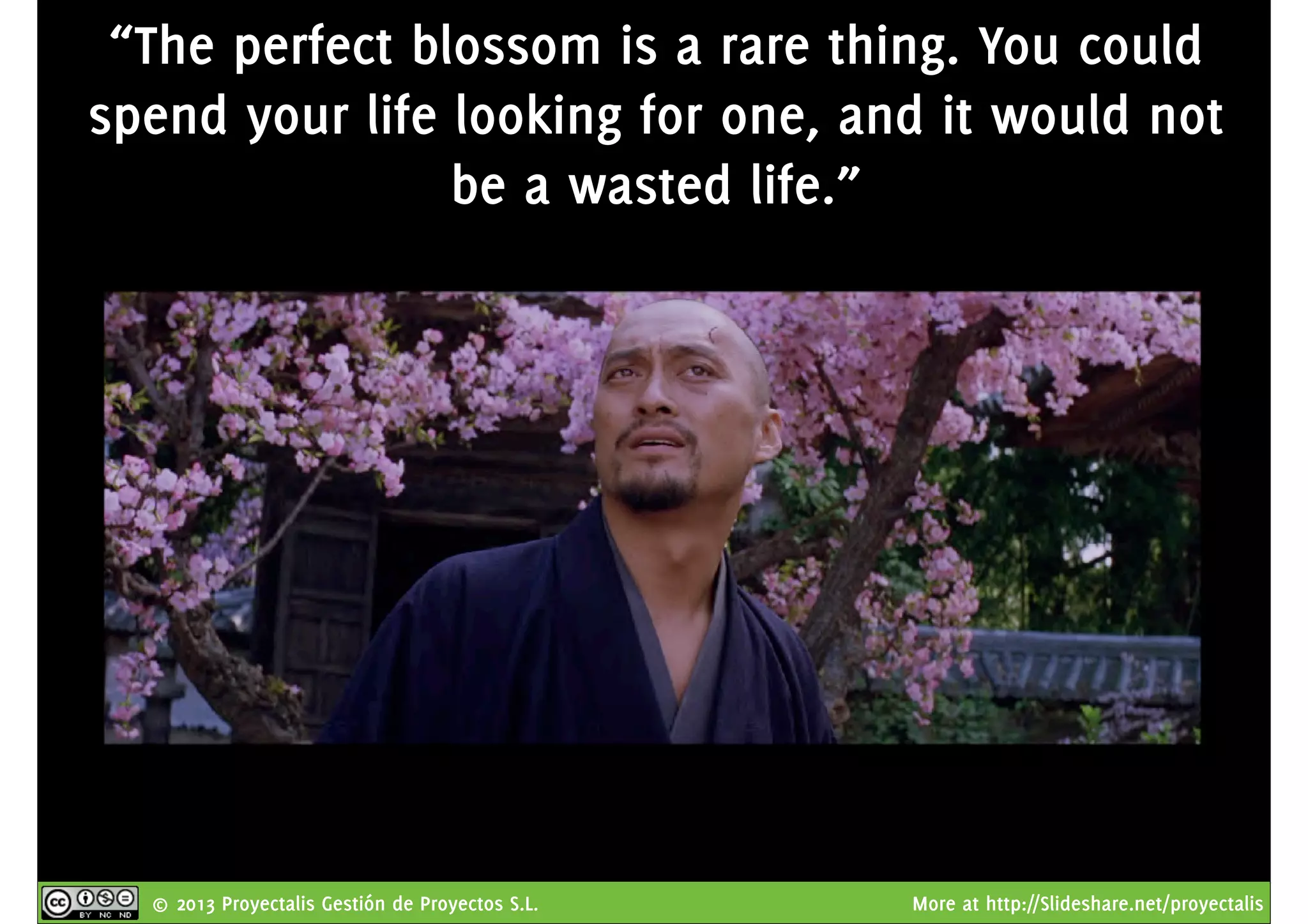 © 2013 Proyectalis Gestión de Proyectos S.L. More at http://Slideshare.net/proyectalis
“The perfect blossom is a rare thing. You could
spend your life looking for one, and it would not
be a wasted life.”
 