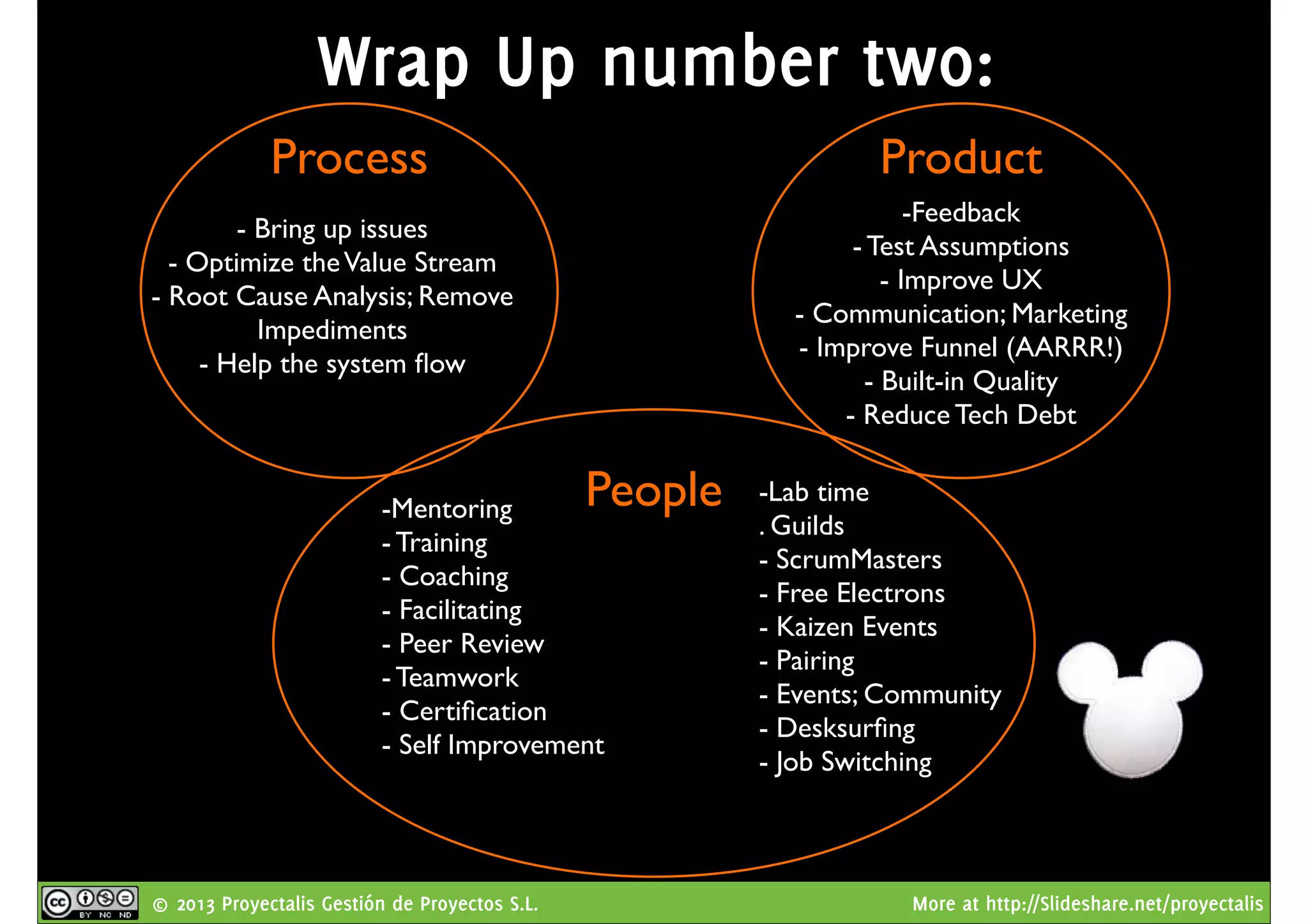 © 2013 Proyectalis Gestión de Proyectos S.L. More at http://Slideshare.net/proyectalis
Wrap Up number two:
Process
- Bring up issues
- Optimize theValue Stream
- Root Cause Analysis; Remove
Impediments
- Help the system ﬂow
Product
-Feedback
- Test Assumptions
- Improve UX
- Communication; Marketing
- Improve Funnel (AARRR!)
- Built-in Quality
- Reduce Tech Debt
People -Lab time
. Guilds
- ScrumMasters
- Free Electrons
- Kaizen Events
- Pairing
- Events; Community
- Desksurﬁng
- Job Switching
-Mentoring
- Training
- Coaching
- Facilitating
- Peer Review
- Teamwork
- Certiﬁcation
- Self Improvement
 
