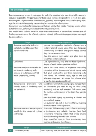 The Business Model

General

Every restaurateur is a service provider. As such, the objective is to have their tables as much
occupied as possible. A bigger customer base would increase the possibility to reach that goal.
Following this target with low extra-cost and, possibly, improving the ability to efficiently manage the store and the capacity, can certainly be considered a value to them.
Consumers tend to look for restaurateurs that can satisfy their needs. Finding a service which
suits their needs, certainly increases their fidelity as consumers.
Our model wants to build a market place where the demand of personalized services (that of
final consumers) meets the offer of customer tailored, differentiating opportunities man-aged
by restaurateurs.
Target
Restaurateurs (niche AND nonniche) who want to widen their
potential markets

Value Proposition
Increase their appeal on tourists by offering them a
custom tailored service using their own language
and knowing their taste and specific needs, so that
they can better serve them.
Ease the work of their waiters and allow them to
serve their customers faster.
Live a personalized, easy and rich food experience.
Be part of a rich social experience on food.

Consumers
Restaurateurs (non-niche) who do
not invest in marketing tools
because of costs/resources/FUD
(Fear, Uncertainty, Doubt)

Specific

Restaurateurs (non-niche) who
already invest in marketing with
3rd party tools

Restaurateurs who were/are put in
trouble by the market of reviews
and ratings

S
p

Target
Consumers (niche)

Reach the same results of expensive marketing
campaigns with a low cost and simple to use tools
that grant total control over their marketing costs
and results. No contract locks, opt in and out
whenever they want. No hidden fees, choose what
to pay for. Join a network of trust!
Start their own marketing campaigns; manage them
by themselves (no need to rely on third party
marketing policies and services). Full control over
the number and the extent of the deals they want to
offer.
Gain customer loyalty by providing a tailored and
personalized service.
Let customers be part of their workforce, involving
them into a rich social experience.
Promote a differentiating quality of service through
a trustworthy and reliable (coming from final
consumers) reviewing system that avoids anyone
from blackmailing them for paid reviews.
Stop unverified sources from threatening their
business and causing them losses.

Value Proposition
Start exploring new places without the need to nit-pick

 