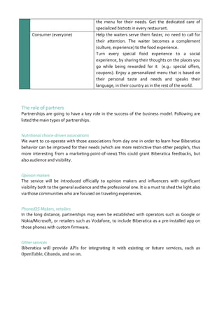Consumer (everyone)

the menu for their needs. Get the dedicated care of
specialized bistrots in every restaurant.
Help the waiters serve them faster, no need to call for
their attention. The waiter becomes a complement
(culture, experience) to the food experience.
Turn every special food experience to a social
experience, by sharing their thoughts on the places you
go while being rewarded for it (e.g.: special offers,
coupons). Enjoy a personalized menu that is based on
their personal taste and needs and speaks their
language, in their country as in the rest of the world.

The role of partners
Partnerships are going to have a key role in the success of the business model. Following are
listed the main types of partnerships.
Nutritional choice-driven associations
We want to co-operate with those associations from day one in order to learn how Biberatica
behavior can be improved for their needs (which are more restrictive than other people’s, thus
more interesting from a marketing-point-of-view).This could grant Biberatica feedbacks, but
also audience and visibility.
Opinion makers
The service will be introduced officially to opinion makers and influencers with significant
visibility both to the general audience and the professional one. It is a must to shed the light also
via those communities who are focused on traveling experiences.
Phone/OS Makers, retailers
In the long distance, partnerships may even be established with operators such as Google or
Nokia/Microsoft, or retailers such as Vodafone, to include Biberatica as a pre-installed app on
those phones with custom firmware.
Other services
Biberatica will provide APIs for integrating it with existing or future services, such as
OpenTable, Cibando, and so on.

 