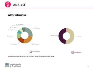 13
ANALYSE
Altersstruktur
Größte Nutzergruppe: 25-34 mit 6.742.180 Usern, gefolgt von der Nutzergruppe 18-24
 