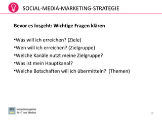 19
SOCIAL-MEDIA-MARKETING-STRATEGIE
Bevor es losgeht: Wichtige Fragen klären
•Was will ich erreichen? (Ziele)
•Wen will ich erreichen? (Zielgruppe)
•Welche Kanäle nutzt meine Zielgruppe?
•Was ist mein Hauptkanal?
•Welche Botschaften will ich übermitteln? (Themen)
 