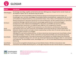 38
GLOSSAR
Quelle: http://braininjection.wordpress.com/web-20-glossar/
http://www.datev.de/portal/ShowPage.do?pid=dpi&nid=108247#ueberschrift7
http://www.prseo-glossar.de/
http://www.wikipedia.de
BEGRIFF ERKLÄRUNG
Mikroblogging
Die Einträge eines Blogs ungefähr auf die Zeichenzahl einer SMS begrenzen. Beispiel hierfür sind die Tweets auf
der Plattform Twitter, die nur 140 Zeichen lang sein dürfen.
Profil
Im Hinblick aufs Thema Social Media steht das Profil eines Nutzers für die Gesamtsumme der Daten und
Einstellungen, die er auf einer einschlägigen Social-Media-Plattform bereitstellt bzw. vorgenommen hat. Ein Profil
auf Facebook zum Beispiel besteht (u.a.) aus persönlichen Daten, Fotos, Videos und Privatsphären-Einstellungen.
Shit Storm
Shitstorm bezeichnet im deutschen Sprachraum ein Internet-Phänomen, bei dem sachliche Kritik von zahlreichen,
unsachlichen Beiträgen übertönt wird und sich zumeist gegen große Konzerne und vereinzelt gegen
Einzelpersonen richtet. Während der Modebegriff im Deutschen ausschließlich als terminus technicus
Verwendung findet, bezeichnet er im Englischen ganz allgemein eine unangenehme Situation.
Social
Bookmarking
“social bookmarking” ist der Begriff für das Austauschen von Informationen und Diskutieren über diverse
Internetseiten durch User einer Community. Auf speziellen Communitys wie del.icio.us können gefundene
Webseiten diskutiert werden und anders als beim „bookmarking“ auf dem Heim-PC sind die Favoriten über den
Zugang von jedem Computer aus verfügbar
Social Media
Oberbegriff für viele Kommunikationsformen, mit denen derzeit das Internet genutzt wird. Social Media umfasst
somit digitale Medien, Techniken, Portale und letztlich auch das Nutzerverhalten, das auf Vernetzung (Social
Networks) und Aufhebung der Trennung von Konsument und Produzent von Inhalten abzielt (User Generated
Content). Der Begriff verdrängt mehr und mehr das letztlich gleichbedeutende Schlagwort Web 2.0. Unternehmen
und Freiberufler, die Social Media nutzen, beschäftigen sich u. a. oft mit Social Media Marketing und Social Media
Monitoring.
Social Media
Monitoring
Kontinuierlich durchgeführte Beobachtung von Social-Media-Inhalten. Oft führen Unternehmen oder
Institutionen Social Media Monitoring durch, um die eigene Reputation bei den Internet-Nutzern zu beobachten.
 