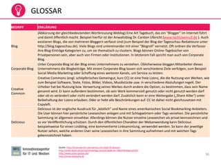 36
GLOSSAR
Quelle: http://braininjection.wordpress.com/web-20-glossar/
http://www.datev.de/portal/ShowPage.do?pid=dpi&nid=108247#ueberschrift7
http://www.prseo-glossar.de/
http://www.wikipedia.de
BEGRIFF ERKLÄRUNG
Blog
(Abkürzung der gleichbedeutenden Wortkreuzung Weblog) Eine Art Tagebuch, das ein "Blogger" im Internet führt
und damit öffentlich macht. Beispiel hierfür ist der Anwaltsblog Dr. Carsten Ulbricht (www.rechtzweinull.de ). Auch
existieren Blogs, die von mehreren Bloggern verfasst sind (zum Beispiel der Blog der Tagesschau-Redakteure unter
http://blog.tagesschau.de). Viele Blogs sind untereinander mit einer "Blogroll" vernetzt. Oft ordnen die Verfasser
ihre Blog-Einträge Kategorien zu, um sie thematisch zu clustern. Blogs können Online-Tagebücher von
Privatpersonen sein, aber auch von Firmen oder Institutionen. In letzterem Fall spricht man auch von Corporate
Blog.
Corporate Blog
Unter Corporate Blog ist der Blog eines Unternehmens zu verstehen. Üblicherweise bloggen Mitarbeiter dieses
Unternehmens die Blogbeiträge. Mit einem Corporate Blog lassen sich verschiedene Ziele verfolgen, zum Beispiel
Social Media Marketing oder Schaffung eines weiteren Kanals, um Service zu leisten.
Creative
Common
Creative Commons (engl. schöpferisches Gemeingut, kurz CC) ist eine freie Lizenz, die die Nutzung von Werken, wie
zum Beispiel Software, Texte, Fotos, Bilder, Videos, Musikstücke usw. in verschiedene Abstufungen regelt. Der
Urheber hat bei Nutzung bzw. Verwertung seines Werkes durch andere die Option, zu bestimmen, dass sein Name
genannt wird. Er kann außerdem bestimmen, ob sein Werk kommerziell genutzt oder nicht genutzt werden darf
oder ob es verändert oder nicht verändert werden darf. Zusätzlich kann er eine Weitergabe („Share Alike“) unter
Beibehaltung der Lizenz erlauben. Oder er hebt alle Beschränkungen auf. CC ist daher nicht gleichzusetzen mit
Copyleft.
Delicious
Delicious ist der englische Ausdruck für „köstlich“ und Name eines amerikanischen Social Bookmarking-Anbieters.
Die User können hier persönliche Lesezeichen anlegen und mit Schlagwörtern oder Tags versehen. Die persönliche
Sammlung ist allgemein einsehbar. Allerdings können die Nutzer einzelne Lesezeichen als privat kennzeichnen und
so vor Veröffentlichung schützen. Durch den öffentlichen Charakter der Webanwendung kann Delicious
beispielsweise für einen Linkblog, eine kommentierte Linksammlung, verwendet werden. So kann der jeweilige
Nutzer sehen, welche anderen User seine Lesezeichen in ihre Sammlung aufnehmen und mit welchen Tags
gekennzeichnet haben.
 