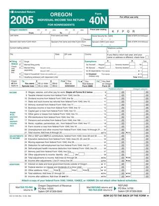 Clear Form
•      Amended Return
                                                              OREGON                                                        Form


 2005
                                                                                                                                                                    For office use only

                                                                                                                   40N
                                            INDIVIDUAL INCOME TAX RETURN
                                                          FOR NONRESIDENTS
                                                                                                                     Fiscal year ending
Oregon resident:                         mm          dd           yyyy              mm       dd        yyyy
                                                                                                                                                       K      F       P      Q      R
                                                                             To
                             From
                                                                                                                                                                             Date of birth (mm/dd/yyyy)
Last name                                                     First name and initial                                     Social Security No. (SSN)
                                                                                                                              –           –
                                                                                                           Deceased
                                                                                                                                                                              Date of birth (mm/dd/yyyy)
Spouse’s last name if joint return                            Spouse’s first name and initial if joint return       Spouse’s SSN if joint return
                                                                                                                                    –             –
                                                                                                              Deceased
Current mailing address                                                                                                                       Telephone number
                                                                                                                                              (                 )
City                                                                 State                                    Country
                                                                                  ZIP code                                                    If you filed a return last year, and your
                                                                                                                                              name or address is different, check here
                                                                                                                                              •                                     •
• Filing                                                                                                                                                                                                  Total
                                                                                                              Exemptions
           1         Single
    Status 2                                                                                                    6a Yourself......Regular                                                  ......... 6a
                     Married filing jointly                                                                                                           ........ Severely disabled
    Check
               3                                                                                                6b Spouse ......Regular                                                   ........... b
                     Married filing                                                                                                                   ........ Severely disabled
                                              Spouse’s name
    only
                     separately
    one                                                                                                         6c All dependents First names ________________________________ • c
                                              Spouse’s SSN
    box
               4                                                                                                                                                                                •d
                     Head of household                                                                          6d Disabled
                                              Person who qualifies you                                                              First names ________________________________
                                                                                                                   children only
                                                                                                                                                                                                • 6e
               5        Qualifying widow(er) with dependent child                                                                                                                       Total

                                        •                     •              7b •                  7c •
                                                                                        You
                   7a
    Check                                                                                                                     7d     You filed
                                                                                                              You
    all that         You were:              65 or older           Blind             filed an                                         an Oregon
                                                                                                          filed federal
    apply➛                                                                          extension
                   Spouse was:              65 or older           Blind                                                              Form 24
                                                                                                          Form 8886
                                                                                                                                             Federal column                             Oregon column
                                                                                                                                                                     .00                                    .00
                         8   Wages, salaries, and other pay for work. Staple all Forms W-2 below ................ 8
INCOME
                                                                                                                                                                     .00                                    .00
                         9   Taxable interest income from federal Form 1040, line 8a ....................................... 9
                                                                                                                                                                     .00                                    .00
                        10   Dividend income from federal Form 1040, line 9a .................................................. 10
                                                                                                                                                                     .00                                    .00
                        11   State and local income tax refunds from federal Form 1040, line 10...................... 11
                                                                                                                                                                     .00                                    .00
                        12   Alimony received from federal Form 1040, line 11 .................................................. 12
                                                                                                                                                                     .00                                    .00
                        13   Business income or loss from federal Form 1040, line 12 ...................................... 13
                                                                                                                                                                     .00                                    .00
                        14   Capital gain or loss from federal Form 1040, line 13 .............................................. 14
Staple
                                                                                                                                                                     .00                                    .00
                        15   Other gains or losses from federal Form 1040, line 14 ........................................... 15
W-2s,
payment,                                                                                                                                                             .00                                    .00
                        16   IRA distributions from federal Form 1040, line 15b ................................................. 16
and
                                                                                                                                                                     .00                                    .00
                        17   Pensions and annuities from federal Form 1040, line 16b...................................... 17
payment
                                                                                                                                                                     .00                                    .00
                        18   Rents, royalties, partnerships, etc., from federal Form 1040, line 17...................... 18
voucher
here
                                                                                                                                                                     .00                                    .00
                        19   Farm income or loss from federal Form 1040, line 18 ............................................ 19
                                                                                                                                                                     .00                                    .00
                        20   Unemployment and other income from federal Form 1040, lines 19 through 21 .... 20
                                                                                                                                                                            • 21b
                             Total income. Add lines 8 through 20 ....................................................................• 21a
                        21                                                                                                                                           .00                                    .00
                                                                                                                                                                     .00                                    .00
ADJUSTMENTS 22 IRA or SEP and SIMPLE contributions, federal Form 1040, lines 28 and 32.......... 22
TO INCOME
                                                                                                                                                                     .00                                    .00
            23 Education deductions from federal Form 1040, lines 23, 33, and 34...................... 23
                                                                                                                                                                     .00                                    .00
                        24   Moving expenses from federal Form 1040, line 26 ................................................. 24
                                                                                                                                                                     .00                                    .00
                        25   Deduction for self-employment tax from federal Form 1040, line 27 ...................... 25
                                                                                                                                                                     .00                                    .00
                        26   Self-employed health insurance deduction from federal Form 1040, line 29 .......... 26
                                                                                                                                                                     .00                                    .00
                        27   Alimony paid from federal Form 1040, line 31a....................................................... 27
                                                                                                                                                                     .00                                    .00
                        28   Other adjustments to income. Identify: 28a                           ............................... 28
                                                                                 28b
                                                                                                                                                                            • 29b
                             Total adjustments to income. Add lines 22 through 28 ..........................................• 29a                                    .00                                    .00
                        29
                                                                                                                                                                            • 30b
                             Income after adjustments. Line 21 minus line 29..................................................• 30a
                        30                                                                                                                                           .00                                    .00
                             Interest on state and local government bonds outside of Oregon.........................• 31                                             .00                                    .00
                        31
ADDITIONS
                             Federal election on interest and dividends of a minor child ..................................• 32                                      .00                                    .00
                        32
                                                          • 33b $                          • 33d $
                             Other additions. • 33a                           • 33c                                        • 33                                      .00                                    .00
                        33
                                                                                                                                                                            • 34b
                             Total additions. Add lines 31 through 33 ...............................................................• 34a                           .00                                    .00
                        34
                                                                                                                                                                            •35b
                             Income after additions. Add lines 30 and 34.........................................................• 35a                               .00                                    .00
                        35
                   Attach a copy of your federal Form 1040, 1040A, 1040EZ, or 1040NR. Do not attach other federal schedules.

                                                                                                                                                                REFUND
                                            Oregon Department of Revenue
                                                                                                                                                      4
                                  4
        Mail TAX-TO-PAY                                                                                          Mail REFUND returns and                        PO Box 14700
                                            PO Box 14555
               returns to                                                                                         NO-TAX-DUE returns to
                                                                                                                                                                Salem OR 97309-0930
                                            Salem OR 97309-0940
                                                                                                                                        NOW GO TO THE BACK OF THE FORM ➛
150-101-048 (Rev. 12-05) Web
 