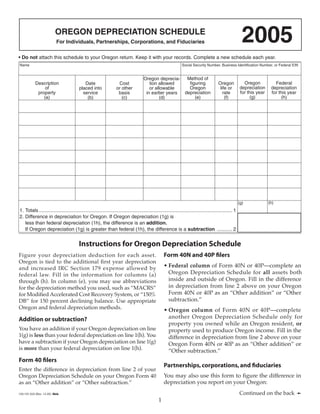 Clear Form



                                                                                                                                                             2005
                         OREGON DEPRECIATION SCHEDULE
                          For Individuals, Partnerships, Corporations, and Fiduciaries

• Do not attach this schedule to your Oregon return. Keep it with your records. Complete a new schedule each year.
Name                                                                                                              Social Security Number, Business Identiﬁcation Number, or Federal EIN


                                                                                                                     Method of
                                                                                       Oregon deprecia-
                                                                                                                                                             Oregon           Federal
           Description                                                                                                ﬁguring              Oregon
                                            Date                    Cost                  tion allowed
                                                                                                                                                           depreciation     depreciation
                of                                                                                                    Oregon                life or
                                         placed into               or other               or allowable
                                                                                                                                                           for this year    for this year
            property                                                                                                depreciation              rate
                                           service                  basis               in earlier years
                                                                                                                                                                (g)               (h)
               (a)                                                                                                      (e)                    (f)
                                             (b)                      (c)                      (d)




                                                                                                                                                                           (h)
                                                                                                                                                           (g)
1. Totals ............................................................................................................................................ 1
2. Difference in depreciation for Oregon. If Oregon depreciation (1g) is
   less than federal depreciation (1h), the difference is an addition.
   If Oregon depreciation (1g) is greater than federal (1h), the difference is a subtraction ........... 2


                                         Instructions for Oregon Depreciation Schedule
Figure your depreciation deduction for each asset.                                                   Form 40N and 40P ﬁlers
Oregon is tied to the additional ﬁrst year depreciation
                                                                                                     • Federal column of Form 40N or 40P—complete an
and increased IRC Section 179 expense allowed by
                                                                                                       Oregon Depreciation Schedule for all assets both
federal law. Fill in the information for columns (a)
                                                                                                       inside and outside of Oregon. Fill in the difference
through (h). In column (e), you may use abbreviations
                                                                                                       in depreciation from line 2 above on your Oregon
for the depreciation method you used, such as “MACRS”
                                                                                                       Form 40N or 40P as an “Other addition” or “Other
for Modiﬁed Accelerated Cost Recovery System, or “150%
                                                                                                       subtraction.”
DB” for 150 percent declining balance. Use appropriate
Oregon and federal depreciation methods.                                                             • Oregon column of Form 40N or 40P—complete
                                                                                                       an oth er Oregon De pre ci a tion Schedule only for
Addition or subtraction?
                                                                                                       property you owned while an Oregon resident, or
You have an addition if your Oregon depreciation on line                                               property used to produce Oregon income. Fill in the
1(g) is less than your federal depreciation on line 1(h). You                                          difference in depreciation from line 2 above on your
have a subtraction if your Oregon depreciation on line 1(g)                                            Oregon Form 40N or 40P as an “Other addition” or
is more than your federal depreciation on line 1(h).                                                   “Other subtraction.”
Form 40 ﬁlers
                                                                                                     Partnerships, corporations, and ﬁduciaries
Enter the difference in depreciation from line 2 of your
                                                                                                     You may also use this form to ﬁgure the difference in
Oregon Depreciation Schedule on your Oregon Form 40
                                                                                                     depreciation you report on your Oregon:
as an “Other addition” or “Other subtraction.”
                                                                                                                                                           Continued on the back ➛
150-101-025 (Rev. 12-05) Web

                                                                                                 1
 