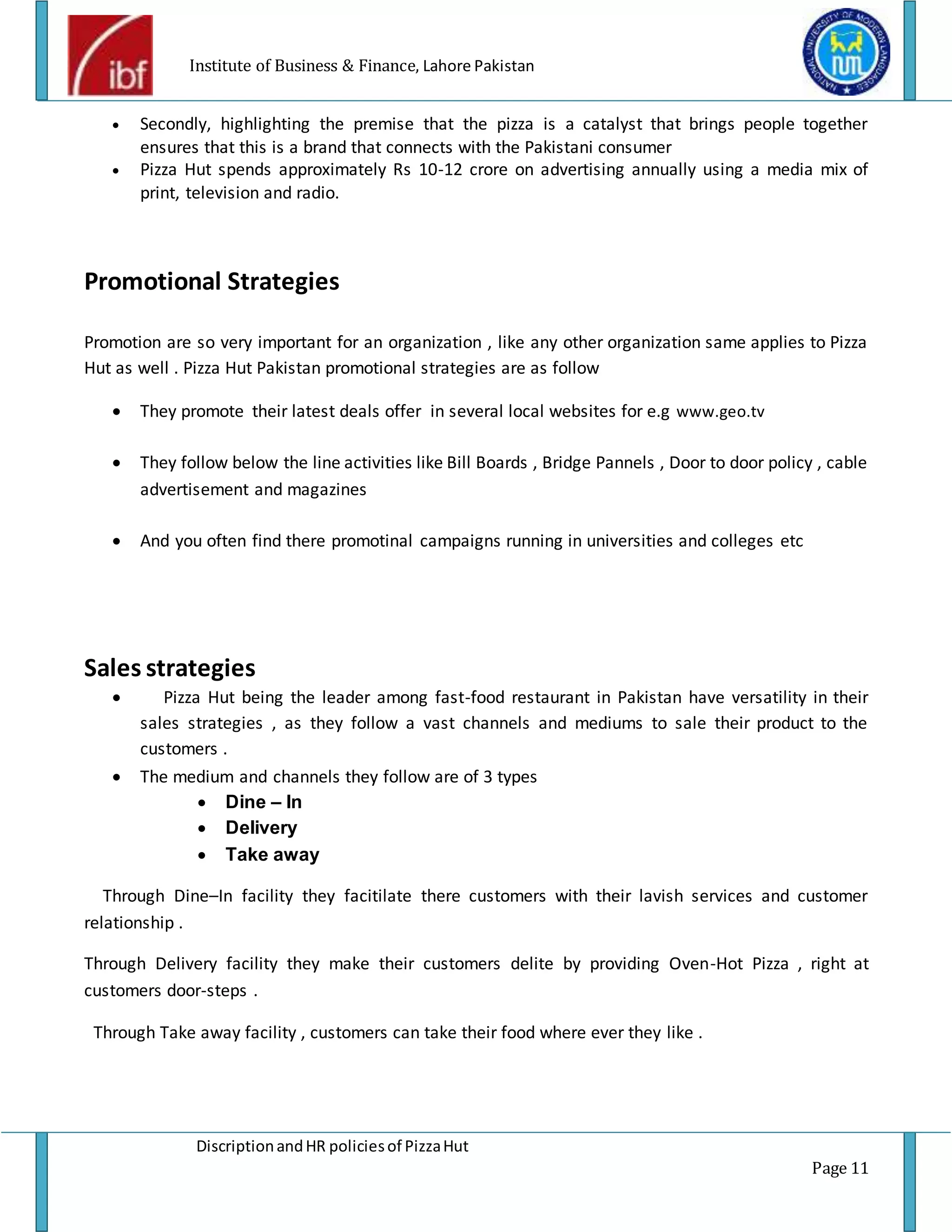 Pizza hut description and HR policies project report of pizza hut PDF