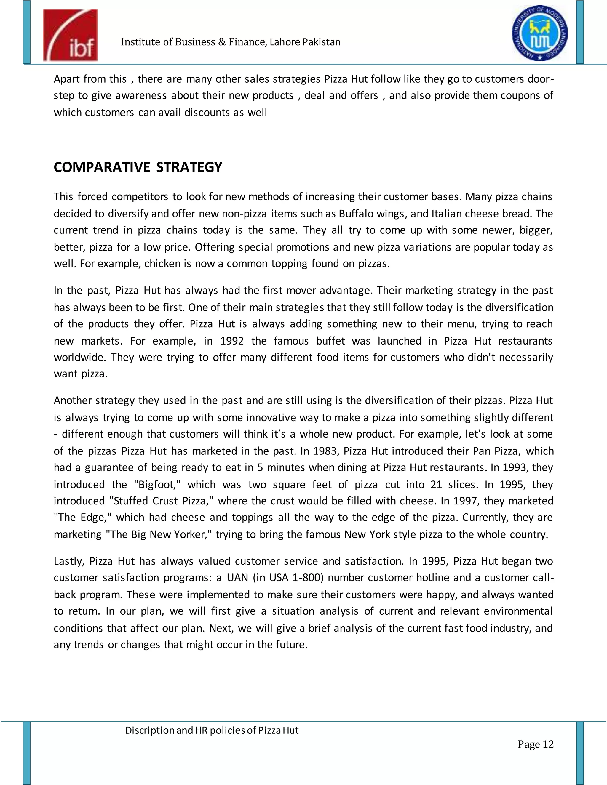 Pizza hut description and HR policies project report of pizza hut PDF