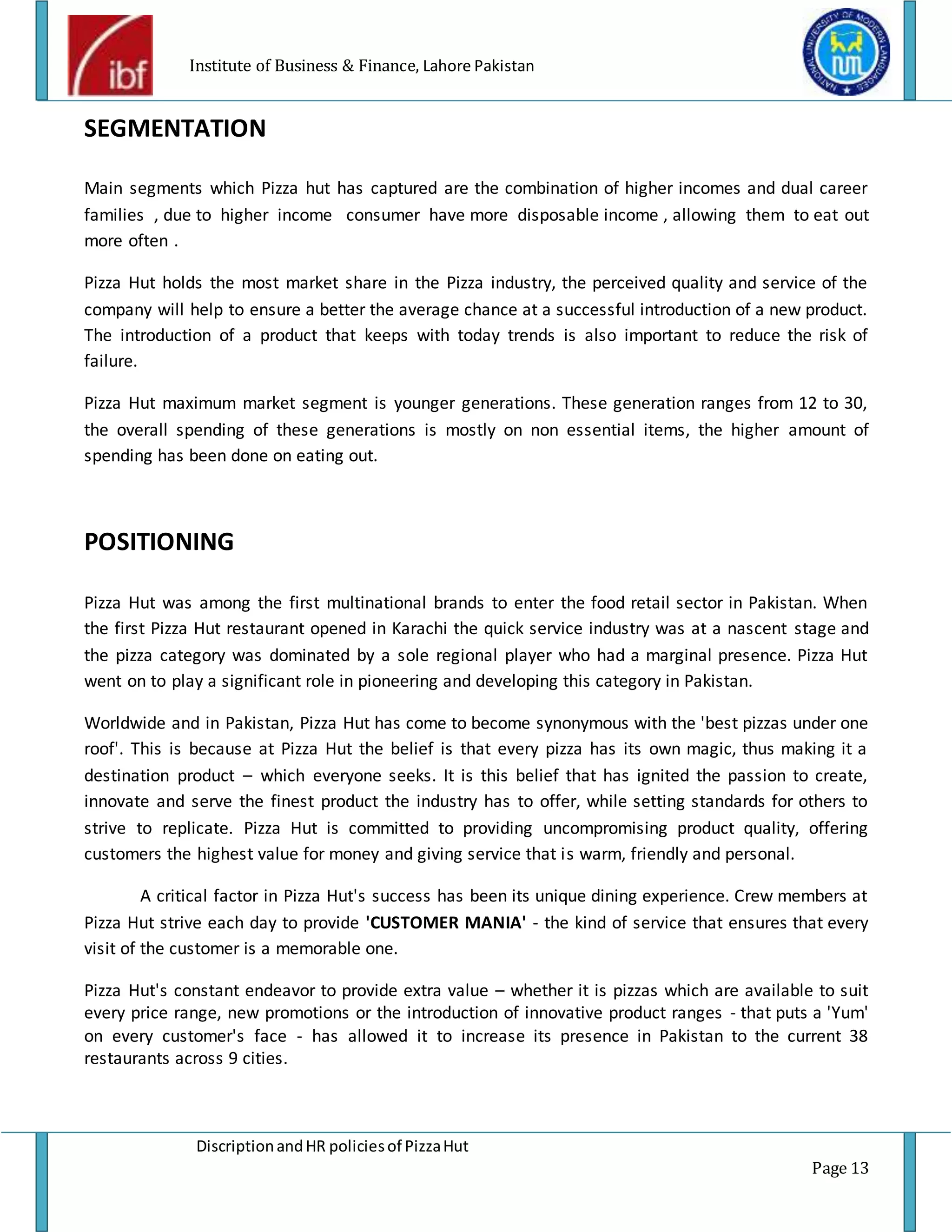 Pizza hut description and HR policies project report of pizza hut PDF