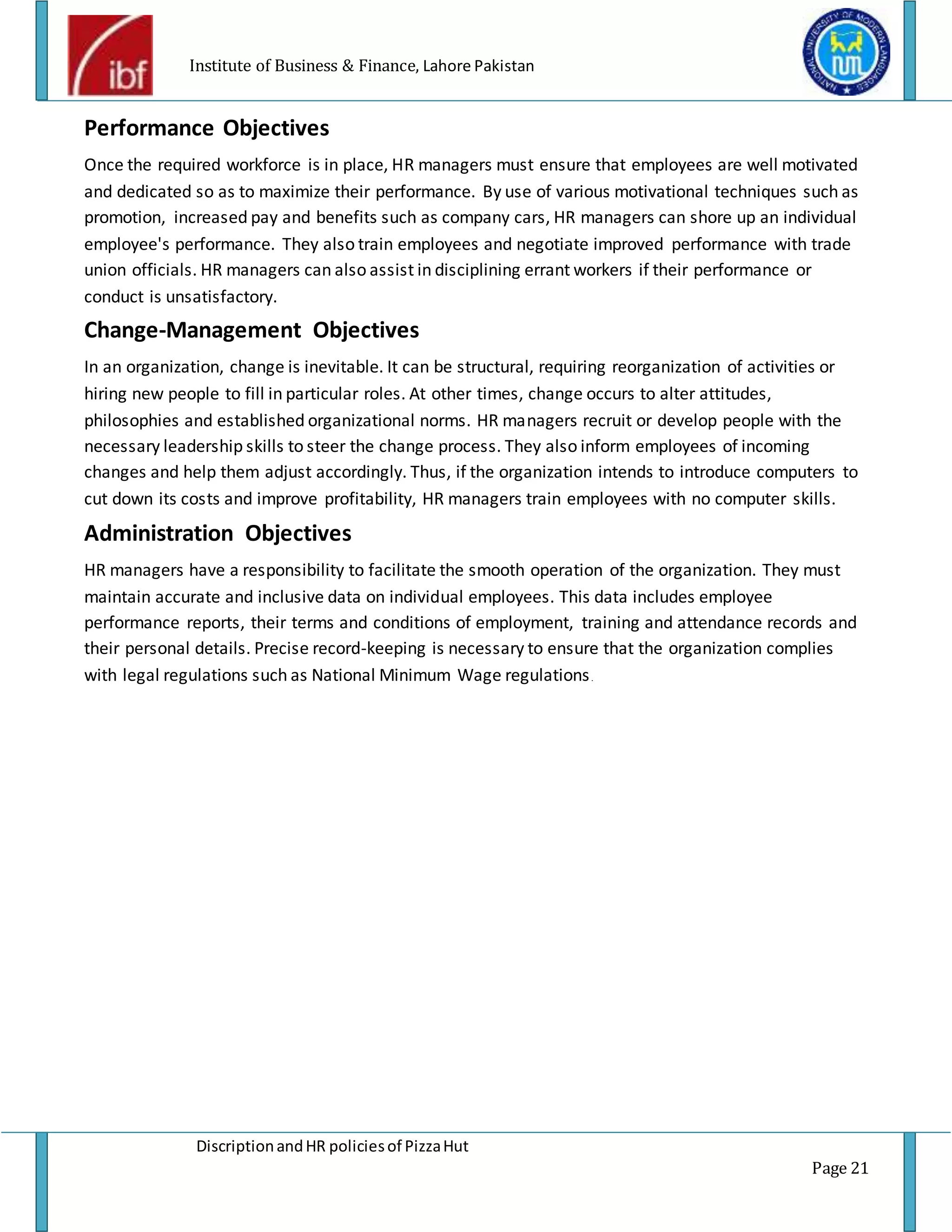 Pizza hut description and HR policies project report of pizza hut PDF