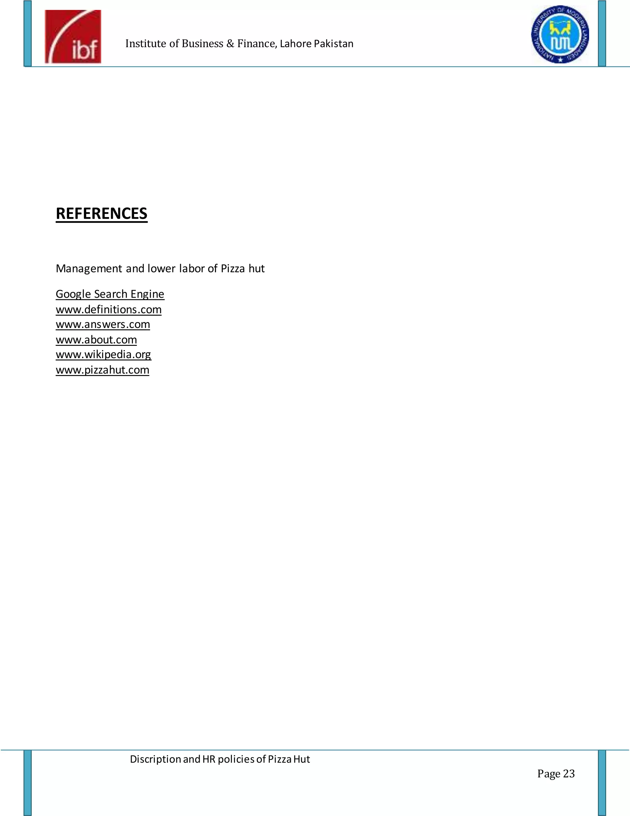 Pizza hut description and HR policies project report of pizza hut PDF