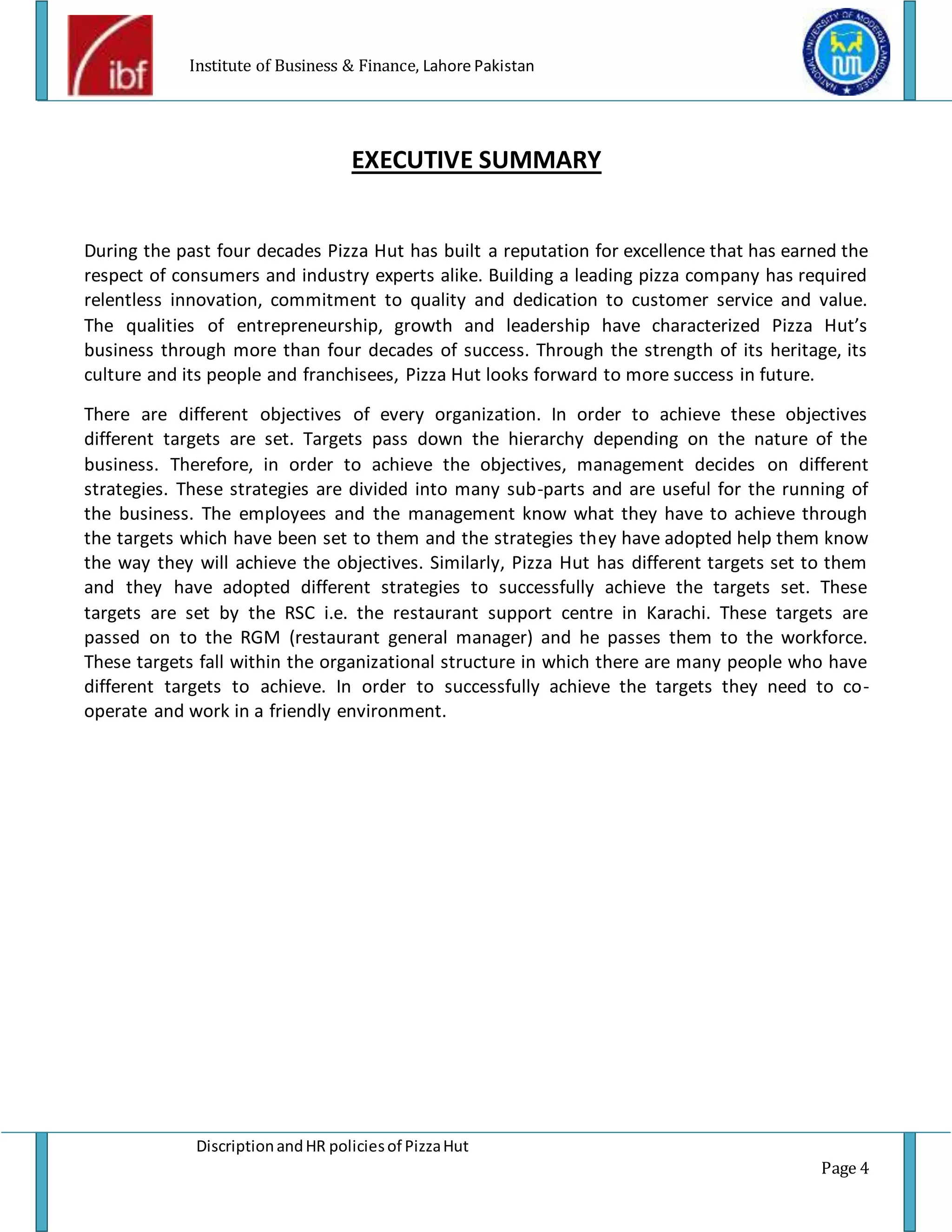 Pizza hut description and HR policies project report of pizza hut PDF