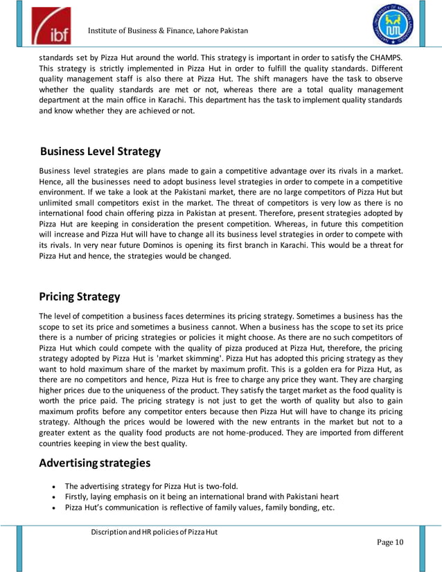 Pizza hut description and HR policies project report of pizza hut PDF