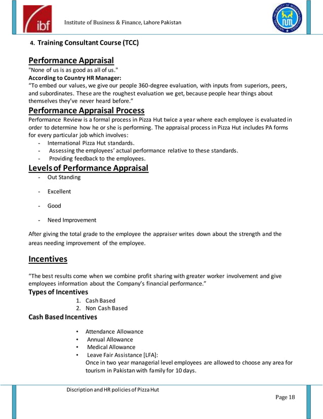 Pizza hut description and HR policies project report of pizza hut PDF