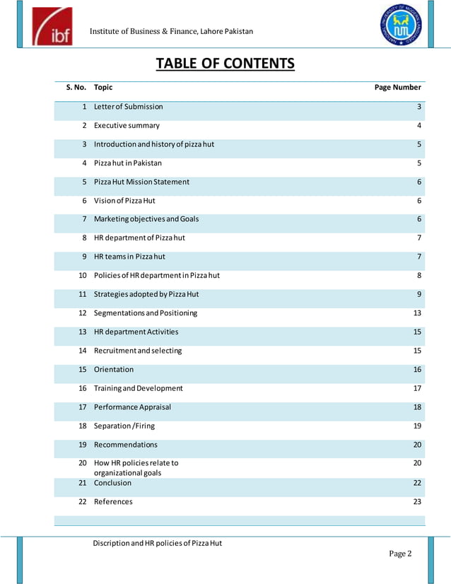 Pizza hut description and HR policies project report of pizza hut PDF