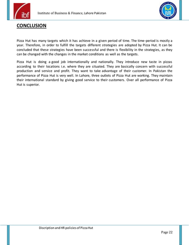 Pizza hut description and HR policies project report of pizza hut PDF