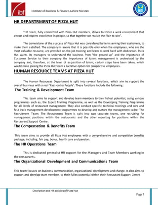 Pizza hut description and HR policies | project report of pizza 