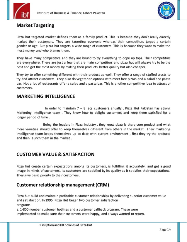 Pizza hut description and HR policies project report of pizza hut