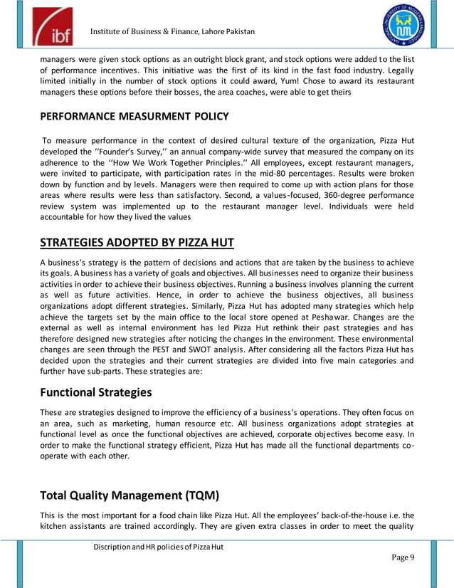 Pizza hut description and HR policies project report of pizza hut