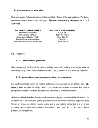 b) Hidrocarburos no saturados:
Son cadenas de hidrocarburos con enlaces dobles y triples entre sus carbonos. Por tanto,
contienen menos átomos de hidrógeno. Ejemplo: Alquenos y Alquinos de 2 y 3
carbonos.
POLIMEROS IMPORTANTES MOLECULA FUNDAMENTAL
Polietileno (aislante) CH2=CH2
Poliestireno (lentes) C6H5−CH=CH2
Cloruro de polivinilo (PVC) CH2=CH−Cl
Politetrafluoroetano (teflón) CF2=CF2
Poliacrilonitrilo (fibras sintéticas) CH2=CH−CN
6.2. Alcanos
6.2.1. Características generales
Son compuestos de C e H de cadena abierta, que están unidos entre sí por enlaces
sencillos (C−C y C−H). Su fórmula empírica es CnH2n+2, siendo “n” el número de carbonos.
6.2.2. Nomenclatura para alcanos normales y arborescentes
Los cuatro primeros tienen un nombre sistemático que consiste en un prefijo: met-, et-,
prop- y but- seguido del sufijo “ano”. Los demás se nombran mediante los prefijos
griegos que indican el número de átomos de carbono y la terminación “ano”.
Se llama radical alquilo a las agrupaciones de átomos procedentes de la eliminación de
un átomo de H en un alcano, por lo que contienen un electrón de valencia disponible para
formar un enlace covalente y poder unirse así a otra cadena carbonada o a un grupo
funcional. Se nombran cambiando la terminación “ano” por “ilo” o “il” cuando forme
parte de un hidrocarburo.
60
 