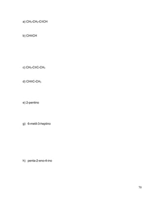 a) CH3-CH2-C≡CH
b) CH≡CH
c) CH3-C≡C-CH3
d) CH≡C-CH3
e) 2-pentino
g) 6-metil-3-heptino
h) penta-2-eno-4-ino
70
 