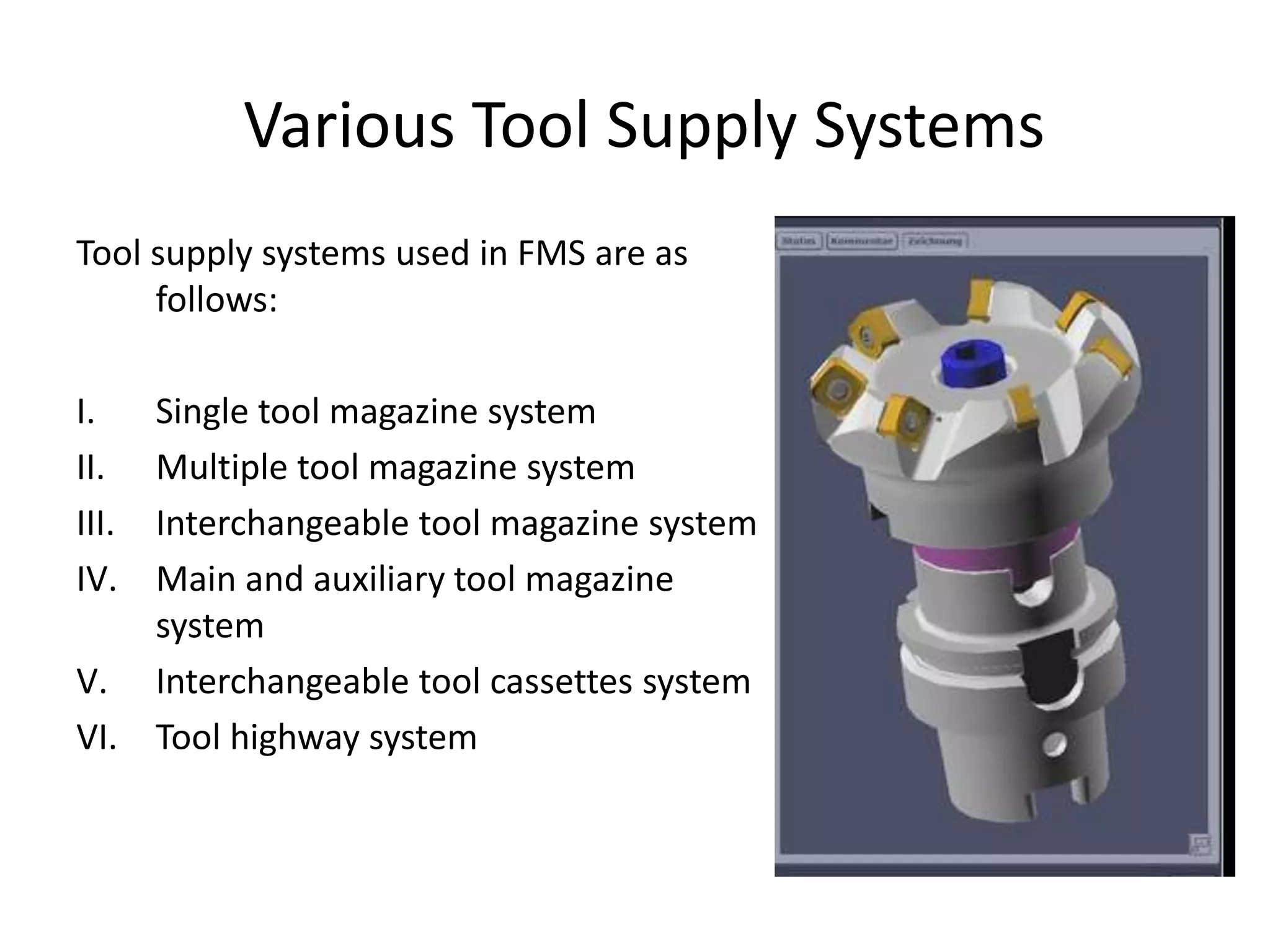 Various Tool Supply Systems
Tool supply systems used in FMS are as
follows:
I. Single tool magazine system
II. Multiple tool magazine system
III. Interchangeable tool magazine system
IV. Main and auxiliary tool magazine
system
V. Interchangeable tool cassettes system
VI. Tool highway system
 