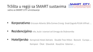 Tržišta u regiji sa SMART sustavima
važno za SMART CITY umrežavanje
• Korporativno Ericsson Atlantic Billa Cemex Crosig Grad-Zagreb PLIVA VIPnet ...
• Rezidencijalno vile, kuće i stanovi od Umaga do Dubrovnika
• Hotelijersko Kempinski Hotel Adriatic Double Tree Hilton Borovik Europa ...
Kampovi Čikat Glavotok Kovačine Valamar ...
 