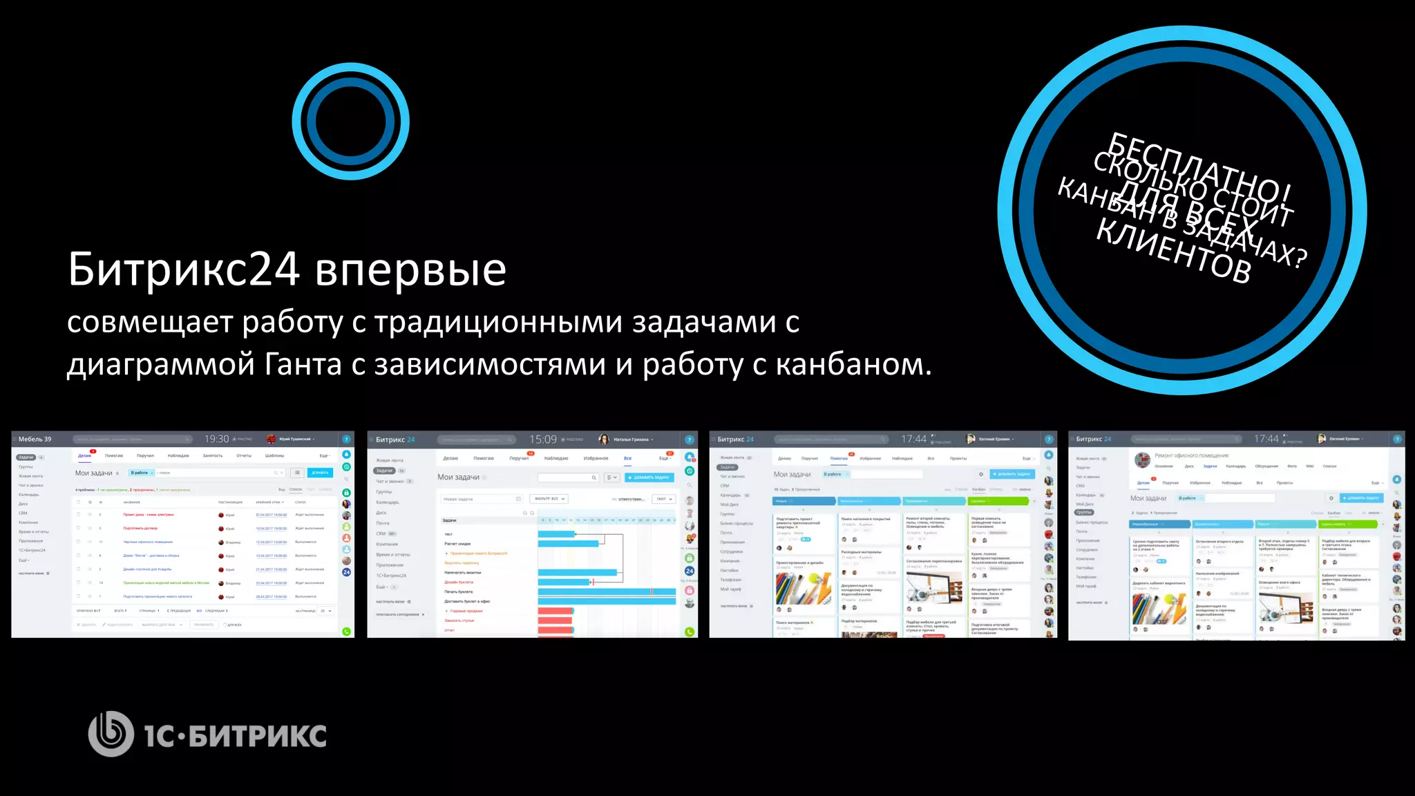Битрикс24 впервые
совмещает работу с традиционными задачами с
диаграммой Ганта с зависимостями и работу с канбаном.
 