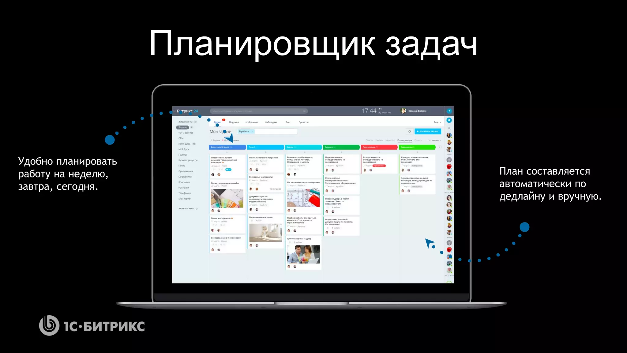 Планировщик задач
Удобно планировать
работу на неделю,
завтра, сегодня.
План составляется
автоматически по
дедлайну и вручную.
 