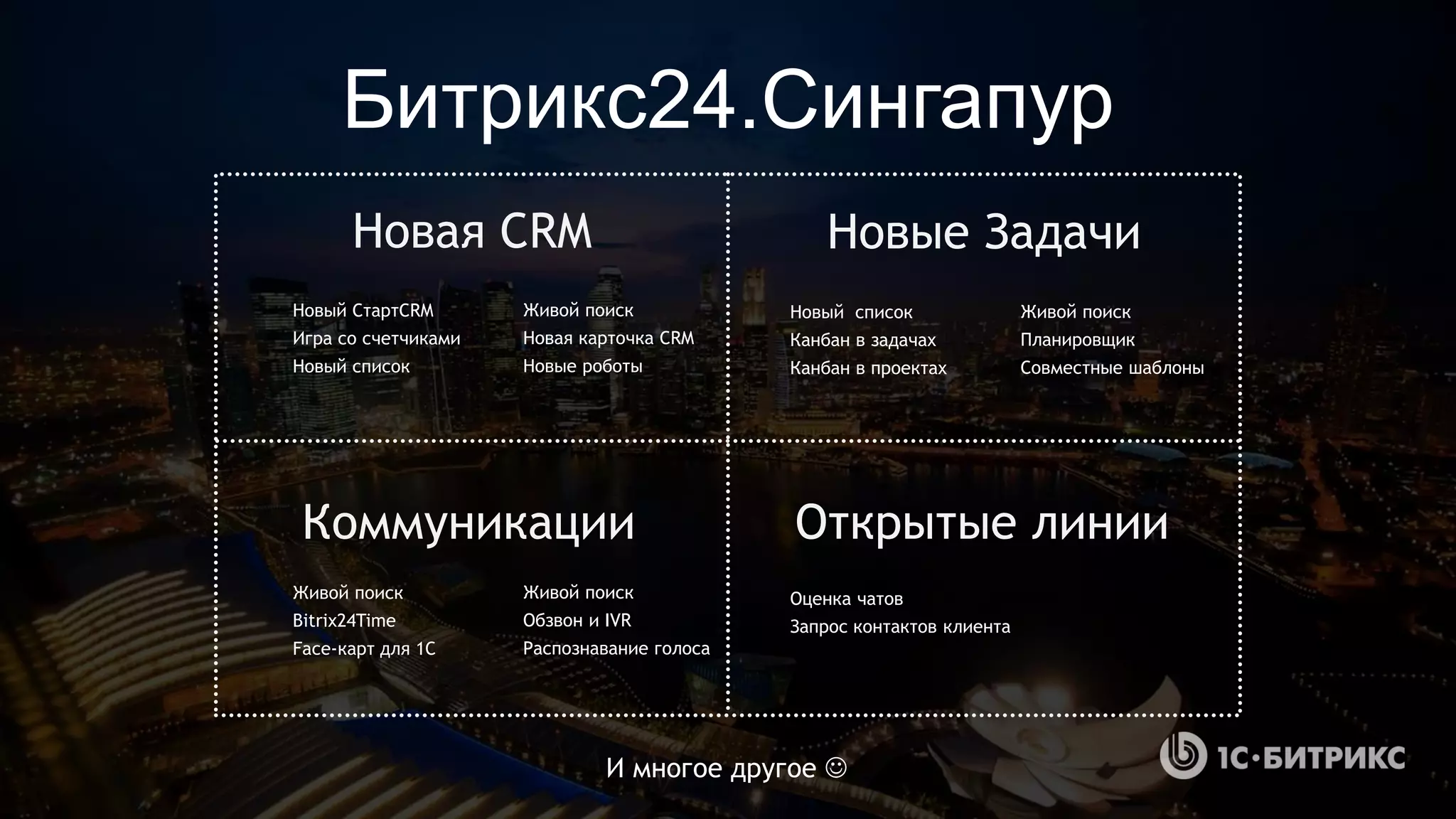 Битрикс24.Сингапур
Новая CRM Новые Задачи
Открытые линииКоммуникации
Новый СтартCRM
Игра со счетчиками
Новый список
Живой поиск
Новая карточка CRM
Новые роботы
Новый список
Канбан в задачах
Канбан в проектах
Живой поиск
Планировщик
Совместные шаблоны
Оценка чатов
Запрос контактов клиента
Живой поиск
Bitrix24Time
Face-карт для 1С
Живой поиск
Обзвон и IVR
Распознавание голоса
И многое другое 
 