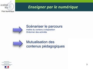 Enseigner par le numérique
3
Mutualisation des
contenus pédagogiques
Scénariser le parcours
mettre du contenu à disposition
Ordonner des activités
 