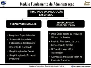 PRINCÍPIOS DA PRODUÇÃO
EM MASSA
PEÇAS PADRONIZADAS
TRABALHADOR
ESPECIALIZADO
• Máquinas Especializadas
• Sistema Universal de
Fabricação e Calibragem
• Controle da Qualidade
• Simplificação das Peças
• Simplificação do Processo
Produtivo
• Uma Única Tarefa ou Pequeno
Número de Tarefas
• Posição Fixa dentro de uma
Sequencia de Tarefas
• O Trabalho vem até o
Trabalhador
• As Peças e Máquinas ficam no
Posto de Trabalho
 