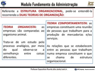 Referente a ESTRUTURA ORGANIZACIONAL, pode-se entendê-la
recorrendo a DUAS TEORIAS DE ORGANIZAÇÃO:
TEORIA ORGANICISTA: as
empresas são comparadas ao
organismo animal.
Trata-se de um estudo pelo
processo analógico, por meio
do qual observa-se a
semelhança entre coisas
diferentes.
TEORIA COMPORTAMENTISTA: as
empresas constituem uma reunião
de pessoas que trabalham para a
produção de mercadorias e/ou
serviços.
As relações que se estabelecem
entre as pessoas que trabalham
numa empresa constituem o que
se chama de estrutura
organizacional.
 