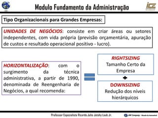 Tipo Organizacionais para Grandes Empresas:
UNIDADES DE NEGÓCIOS: consiste em criar áreas ou setores
independentes, com vida própria (previsão orçamentária, apuração
de custos e resultado operacional positivo - lucro).
HORIZONTALIZAÇÃO: com o
surgimento da técnica
administrativa, a partir de 1990,
denominada de Reengenharia de
Negócios, a qual recomenda:
RIGHTSIZING
Tamanho Certo da
Empresa
DOWNSIZING
Redução dos níveis
hierárquicos
 
