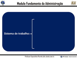 Análise do trabalho;
Padronização das ferramentas;
Seleção e treinamento dos trabalhadores;
Supervisão e planejamento;
Pagamento por produção
Sistema de trabalho:
 