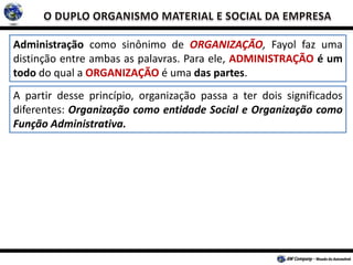 Administração como sinônimo de ORGANIZAÇÃO, Fayol faz uma
distinção entre ambas as palavras. Para ele, ADMINISTRAÇÃO é um
todo do qual a ORGANIZAÇÃO é uma das partes.
A partir desse princípio, organização passa a ter dois significados
diferentes: Organização como entidade Social e Organização como
Função Administrativa.
 