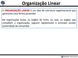 A ORGANIZAÇÃO LINEAR é um tipo de estrutura organizacional que
apresenta uma forma piramidal.
Na organização linear, os órgãos de linha, ou seja, os órgãos que
compõem a organização, seguem rigidamente o princípio escalar
(autoridade de comando)
 