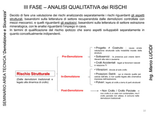III FASE – ANALISI QUALITATIVA dei RISCHI
Rischio Strutturale
Pre-Demolizione
In-Demolizione
Post-Demolizione
• Progetto ≠ Costruito : causa errata
valutazione strutturale sulla instabilità iniziale della
struttura
• Sottoservizi : la presenza può creare danni
rilevanti alla rete e causarne
• Crolli Accidentali : legati ai fenomeni naturali
in relazione Tr
• Vibrazioni : dovute al solo crollo
• Proiezioni Detriti : qui si intendo quelle per
caduta dall’alto, e non quella legata alla cinematica
impressa dall’esplosione
• Polveri : legato al crollo a terra di parti strutturali
• Non Crollo / Crollo Parziale : il
non crollo è un caso non contemplato, ma il
crollo parziale non atteso, è comune nelle
demolizioni tradizionali
Decido di fare una valutazione dei rischi analizzando separatamente i rischi riguardanti gli aspetti
strutturali, basandomi sulla letteratura di settore recuperandola dalle demolizioni controllate con
mezzi meccanici, e quelli riguardanti gli esplosivi, basandomi sulla letteratura di settore estrazione
mineralogica, con le analisi riguardanti l’impiego in cava.
In termini di qualificazione del rischio ipotizzo che siano aspetti sviluppabili separatamente in
quanto concettualmente indipendenti.
(Dalle demolizioni tradizionali e
legato alla dinamica di crollo)
10
SEMINARIOAREATECNICA“DemolizioneeSicurezza”
Ing.MarcoLUCIDI
 