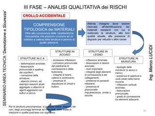 III FASE – ANALISI QUALITATIVA dei RISCHI
CROLLO ACCIDENTALE
Attenta indagine deve essere
riservata all’identificazione dei
materiali resistenti con cui è
realizzata la struttura, alla loro
qualità attuale, alla presenza di
degrado per vetustà o altre cause
COMPRENSIONE
TIPOLOGICA dei MATERIALI
Oltre alla conoscenza delle caratteristiche
meccaniche che possono condurre ad un
collasso a catena della struttura e persino di
quelle adiacenti.
STRUTTURE IN C.A.
STRUTTURE IN
ACCIAIO
STRUTTURE IN
LEGNO
STRUTTURE IN
MURATURA
- deformazioni anomale;
- fessurazioni
pronunciate e spalling
dei copriferri;
- corrosione delle
armature;
- attacchi chimici, ad
esempio reazioni alcali-
aggregato o attacchi di
agenti aggressivi con
solfuri e cloruri.
- eccessive inflessioni;
- corrosioni pronunciate
del piastrame di
connessione e della
bulloneria;
- integrità di tiranti,
catene e controventi;
- presenza di
espulsione di chiodi e
bulloni.
- inflessioni anomale;
- fessurazioni e lesioni
anomale;
- nodi importanti;
- integrità degli elementi
di connessione e dei
collegamenti;
- presenza di parassiti
infestanti;
- presenza di
pronunciate
imputrescenze, umide o
secche.
- tipologie delle
murature (a secco o
meno);
- presenza di aperture e
vuoti celati nella trama
muraria;
- inflessioni verticali
anomale;
- fessurazioni
pronunciate;
- grado di connessione
tra elementi adiacenti.
Per le strutture precompresse, si possono avere: degrado dei
cavi, degli ancoraggi terminali ed intermedi, delle malte di
iniezione in quelle post-tese con sigillatura.
18
SEMINARIOAREATECNICA“DemolizioneeSicurezza”
Ing.MarcoLUCIDI
 