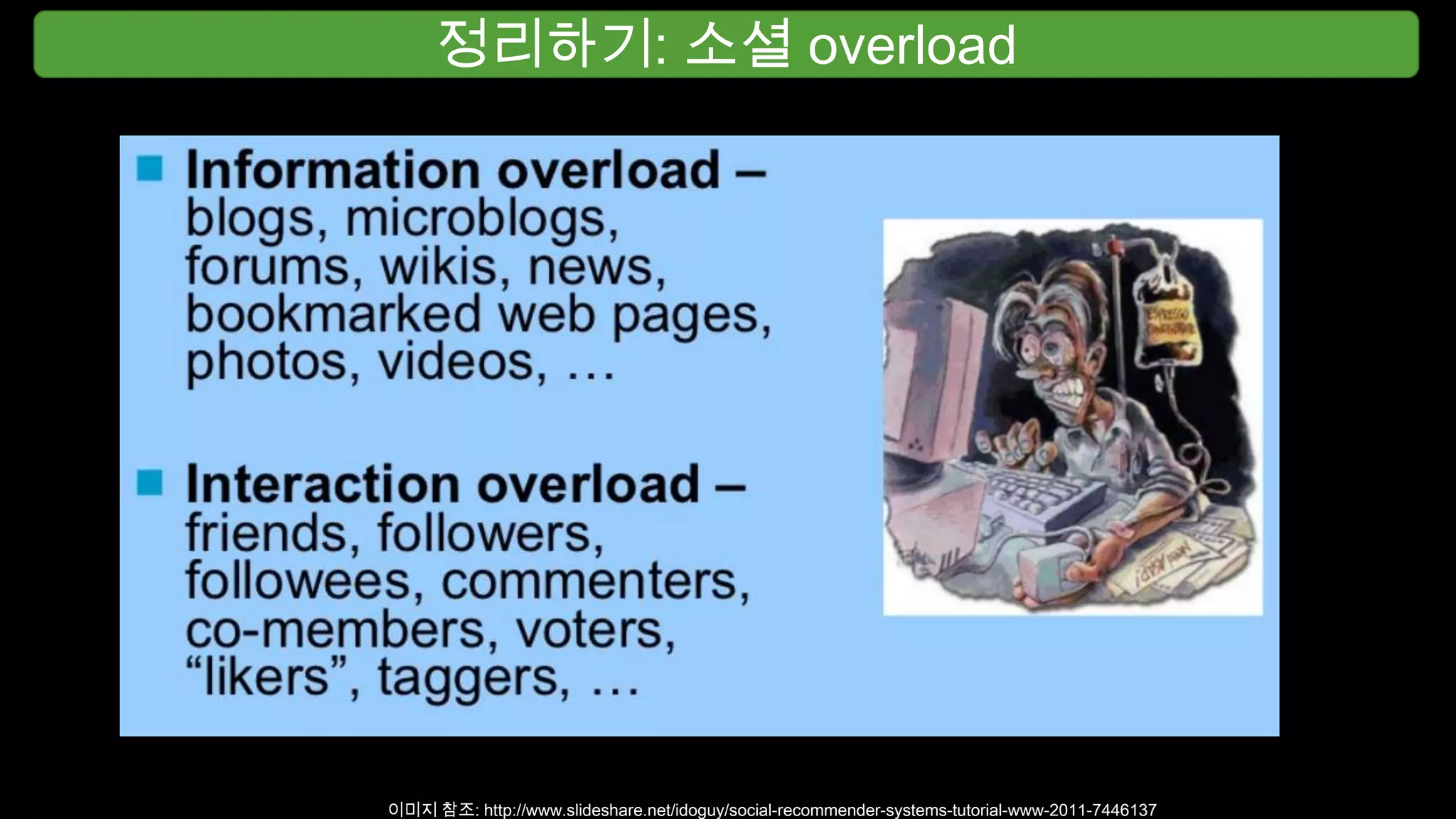 정리하기: 소셜 overload
이미지 참조: http://www.slideshare.net/idoguy/social-recommender-systems-tutorial-www-2011-7446137
 