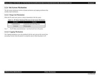 Epson Stylus C58/C59/ME 2/C79/D78/C90/C91/C92/D92/T20/T20E/T23/T26/S20/T10/T11/ME 30/T21/T24/T27/S21 Revision E
OPERATING PRINCIPLES Printer Mechanism 25
Confidential
2.2.4 Ink System Mechanism
The Ink system mechanism consists of pump mechanism and capping mechanism that
includes wiper mechanism.
2.2.4.1 Pump Unit Mechanism
When the PF motor turns, power is always transmitted to the ink system.
Note * : The PF Motor rotational direction = seen from the left side of the printer.
2.2.4.2 Capping Mechanism
The Capping mechanism covers the printhead with the cap to prevent the nozzle from
increasing viscosity when the printer is in stand-by state or when the printer is off.
Table 2-3. PF Motor Rotational Direction & Ink System Mechanism
Direction* Function
Counterclockwise Absorbs the ink by the Pump Unit
Clockwise Release pump.
 