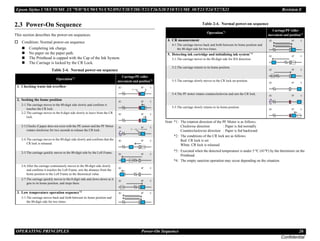 Epson Stylus C58/C59/ME 2/C79/D78/C90/C91/C92/D92/T20/T20E/T23/T26/S20/T10/T11/ME 30/T21/T24/T27/S21 Revision E
OPERATING PRINCIPLES Power-On Sequence 26
Confidential
2.3 Power-On Sequence
This section describes the power-on sequences.
† Condition: Normal power-on sequence
„ Completing ink charge.
„ No paper on the paper path.
„ The Printhead is capped with the Cap of the Ink System.
„ The Carriage is locked by the CR Lock.
Note *1: The rotation direction of the PF Motor is as follows.
Clockwise direction : Paper is fed normally
Counterclockwise direction : Paper is fed backward
*2: The conditions of the CR lock are as follows.
Red: CR lock is set
White: CR lock is released
*3: Executed when the detected temperature is under 5 oC (41oF) by the thermistor on the
Printhead.
*4: The empty sanction operation may occur depending on the situation.
Table 2-4. Normal power-on sequence
Operation*1 Carriage/PF roller
movement and position*2
1. Checking waste ink overflow
2. Seeking the home position
2-1.The carriage moves to the 80-digit side slowly and confirms it
touches the CR lock.
2-2.The carriage moves to the 0-digit side slowly to leave from the CR
lock.
2-3.Checks if paper does not exist with the PE sensor and the PF Motor
rotates clockwise for two seconds to release the CR lock.
2-4.The carriage moves to the 80-digit side slowly and confirms that the
CR lock is released.
2-5.The carriage quickly moves to the 80-digit side by the Left Frame.
2-6.After the carriage continuously moves to the 80-digit side slowly
and confirms it touches the Left Frame, sets the distance from the
home position to the Left Frame as the theoretical value.
2-7.The carriage quickly moves to the 0-digit side and slows down as it
gets to its home position, and stops there.
3. Low temperature operation sequence*3
3-1.The carriage moves back and forth between its home position and
the 80-digit side for two times.
lock
lock is released
4. CR measurement
4-1.The carriage moves back and forth between its home position and
the 80-digit side for two times.
5. Detecting ink cartridge and initializing ink system* 4
5-1.The carriage moves to the 80-digit side for IES detection.
5-2.The carriage returns to its home position.
5-3.The carriage slowly moves to the CR lock set position.
5-4.The PF motor rotates counterclockwise and sets the CR lock.
5-5.The carriage slowly returns to its home position.
Table 2-4. Normal power-on sequence
Operation*1 Carriage/PF roller
movement and position*2
 