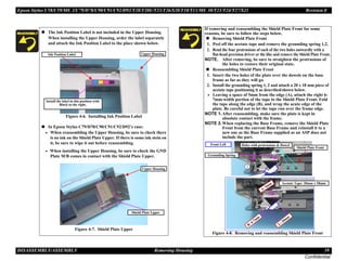 Epson Stylus C58/C59/ME 2/C79/D78/C90/C91/C92/D92/T20/T20E/T23/T26/S20/T10/T11/ME 30/T21/T24/T27/S21 Revision E
DISASSEMBLY/ASSEMBLY Removing Housing 39
Confidential
„ The Ink Position Label is not included in the Upper Housing.
When installing the Upper Housing, order the label separately
and attach the Ink Position Label to the place shown below.
Figure 4-6. Installing Ink Position Label
„ In Epson Stylus C79/D78/C90/C91/C92/D92’s case:
• When reassembling the Upper Housing, be sure to check there
is no ink on the Shield Plate Upper. If there is some ink stein on
it, be sure to wipe it out before reassembling.
• When installing the Upper Housing, be sure to check the GND
Plate M/B comes in contact with the Shield Plate Upper.
Figure 4-7. Shield Plate Upper
Upper Housing
Ink Position Label
Install the label in this position with
Black to the right.
Upper Housing
Shield Plate Upper
If removing and reassembling the Shield Plate Front for some
reasons, be sure to follow the steps below.
„ Removing Shield Plate Front
1. Peel off the acetate tape and remove the grounding spring 1,2.
2. Bend the four protrusions of each of the two holes outwardly with a
flat-head precision driver or the like and remove the Shield Plate Front.
NOTE. After removing, be sure to straighten the protrusions of
the holes to restore their original state.
„ Reassembling Shield Plate Front
1. Insert the two holes of the plate over the dowels on the base
frame as far as they will go.
2. Install the grounding spring 1, 2 and attach a 20 x 18 mm piece of
acetate tape positioning it as described/shown below.
• Leaving a space of 5mm from the edge (A), attach the right 6-
7mm-width portion of the tape to the Shield Plate Front. Fold
the tape along the edge (B), and wrap the acute edge of the
plate. Be careful not to let the tape run over the frame edge.
NOTE 1.After reassembling, make sure the plate is kept in
absolute contact with the frame.
NOTE 2.When replacing the Base Frame, remove the Shield Plate
Front from the current Base Frame and reinstall it to a
new one as the Base Frame supplied as an ASP does not
include the part.
Figure 4-8. Removing and reassembling Shield Plate Front
Holes with protrusions & Dowel
Grounding Spring
A: 5mm
B: 6-7m
m
L: 20m
m
Acetate Tape: 20mm x 18mm
Shield Plate Front
Front Left
 