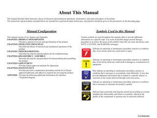 Confidential
About This Manual
This manual describes basic functions, theory of electrical and mechanical operations, maintenance, and repair procedures of the printer.
The instructions and procedures included herein are intended for experienced repair technicians, and attention should be given to the precautions on the preceding page.
Manual Configuration
This manual consists of six chapters and Appendix.
CHAPTER 1.PRODUCT DESCRIPTIONS
Provides a general overview and specifications of the product.
CHAPTER 2.OPERATING PRINCIPLES
Describes the theory of electrical and mechanical operations of the
product.
CHAPTER 3.TROUBLESHOOTING
Describes the step-by-step procedures for the troubleshooting.
CHAPTER 4.DISASSEMBLY / ASSEMBLY
Describes the step-by-step procedures for disassembling and assembling
the product.
CHAPTER 5.ADJUSTMENT
Provides Epson-approved methods for adjustment.
CHAPTER 6.MAINTENANCE
Provides preventive maintenance procedures and the list of Epson-
approved lubricants and adhesives required for servicing the product.
APPENDIX Provides the following additional information for reference:
• Exploded Diagram
Symbols Used in this Manual
Various symbols are used throughout this manual either to provide additional
information on a specific topic or to warn of possible danger present during a
procedure or an action. Be aware of all symbols when they are used, and always read
NOTE, CAUTION, and WARNING messages.
Indicates an operating or maintenance procedure, practice or condition
that, if not strictly observed, could result in injury.
Indicates an operating or maintenance procedure, practice, or condition
that, if not strictly observed, could result in damage to, or destruction of,
equipment.
May indicate an operating or maintenance procedure, practice or
condition that is necessary to accomplish a task efficiently. It may also
provide additional information that is related to a specific subject, or
comment on the results achieved through a previous action.
Indicates an operating or maintenance procedure, practice or condition
that is necessary to maintain the product’s quality.
Indicates that a particular task must be carried out according to a certain
standard after disassembly and before re-assembly, otherwise the
quality of the components in question may be adversely affected.
W A R N I N G
C A U T I O N
C H E C K
P O I N T
A D J U S T M E N T
R E Q U I R E D
 