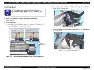 Epson Stylus C58/C59/ME 2/C79/D78/C90/C91/C92/D92/T20/T20E/T23/T26/S20/T10/T11/ME 30/T21/T24/T27/S21 Revision E
DISASSEMBLY/ASSEMBLY Disassembling Printer Mechanism 43
Confidential
4.5.2 Printhead
† Part/Unit that should be removed before removing Printhead
Upper Housing
† Removal Procedure
1. Unlock the Carriage Lock with a flathead screwdriver or a similar tool, and
move the CR Unit to the center of the printer.
Figure 4-14. Unlocking Carriage Lock and Moving CR Unit to the Center
2. Open the Cartridge Cover and remove all the Ink Cartridges from the CR Unit.
3. Release the FFCs from the tabs.
Figure 4-15. Releasing FFCs
4. Disconnect the Head FFCs (x2) that are connected to the CSIC Board and the
CR Encoder Board.
Figure 4-16. Disconnecting Head FFCs
C H E C K
P O I N T
The removal procedures differ depending on the model.
For Epson Stylus C58/C59/ME 2, see “4.6.1 Printhead” (p64).
Carriage Lock CR Unit
Locked Unlocked
Tabs
FFCs Cartridge Cover
Head FFCs
 